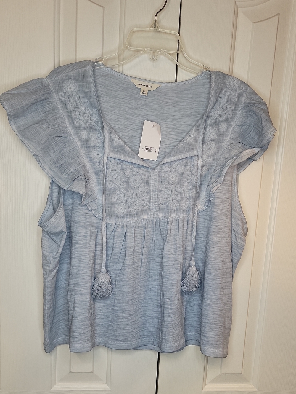Lucky Brand Pale Blue Embroidered Tassel Flutter Top